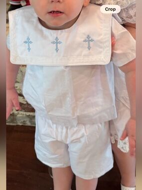 White Baby Christening Set with Light Blue Cross Embroidery